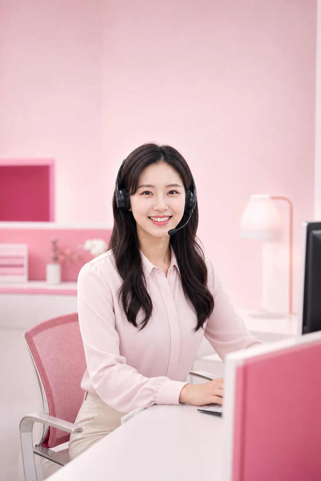 카드깡 방법 다음머니 24시간 전화 문자 상담을 안내하는 헤드셋 여성 상담원 인물